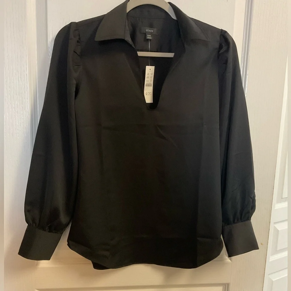 J.Crew Black Split Neck Blouse XXS NWT Long Sleeve